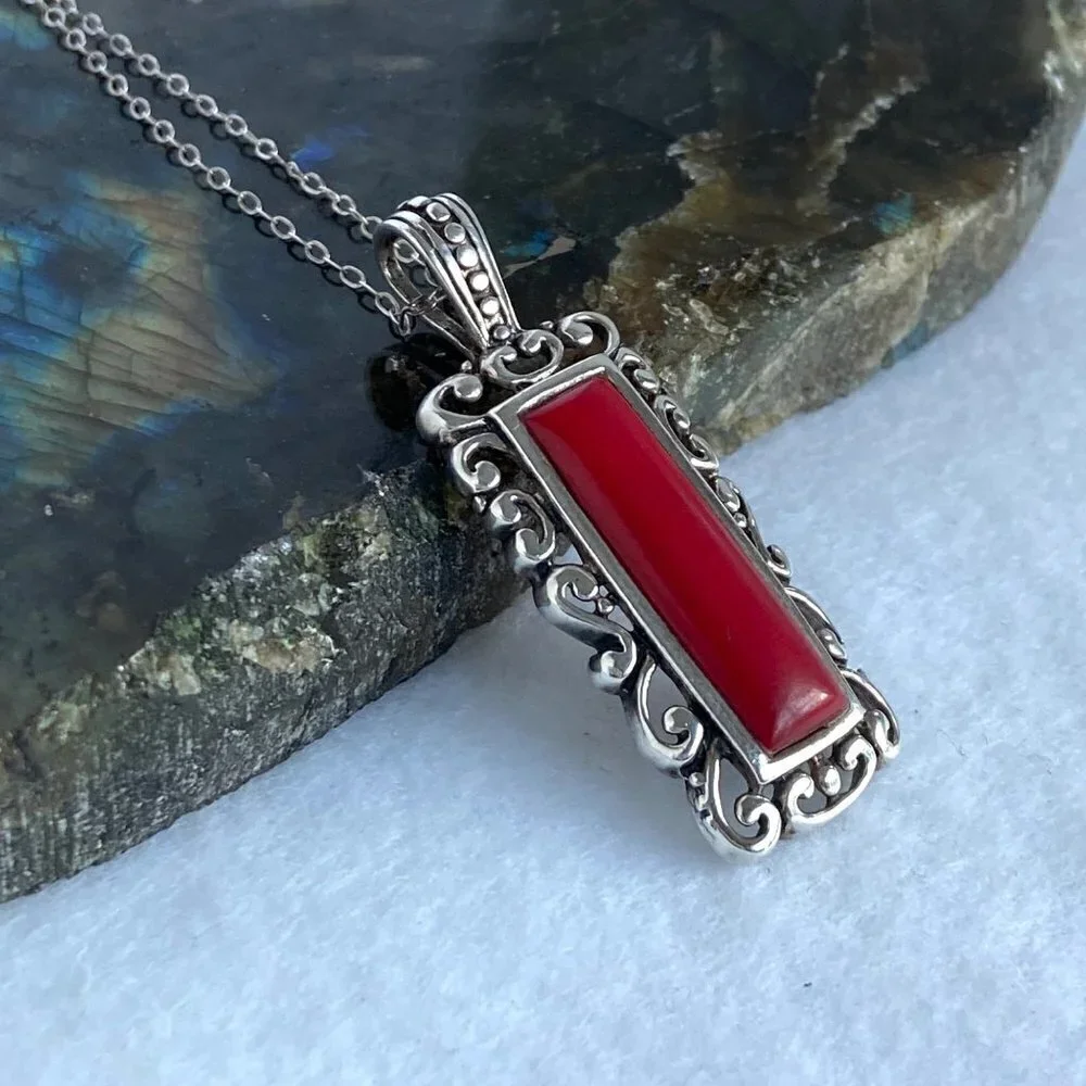Sterling Silver 925 Faux Red Coral Rectangular Scrollwork Pendant Necklace 20